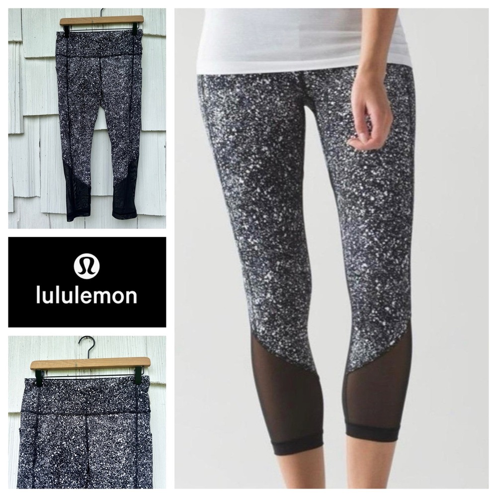 Lululemon Pace Rival Crop Splatter White Black Mesh Leggings Size 6